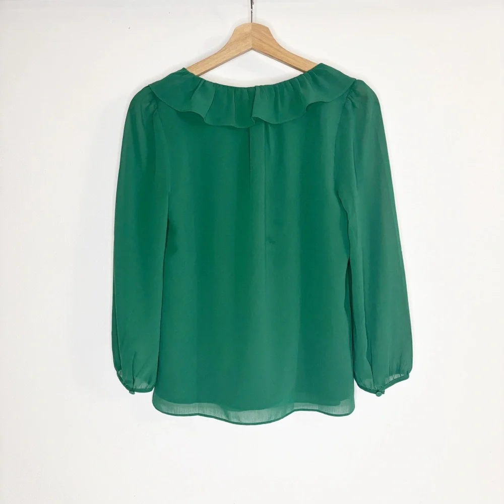 J Crew Chiffon Ruffle Neck 3/4 Sleeves Green Top Sz XS